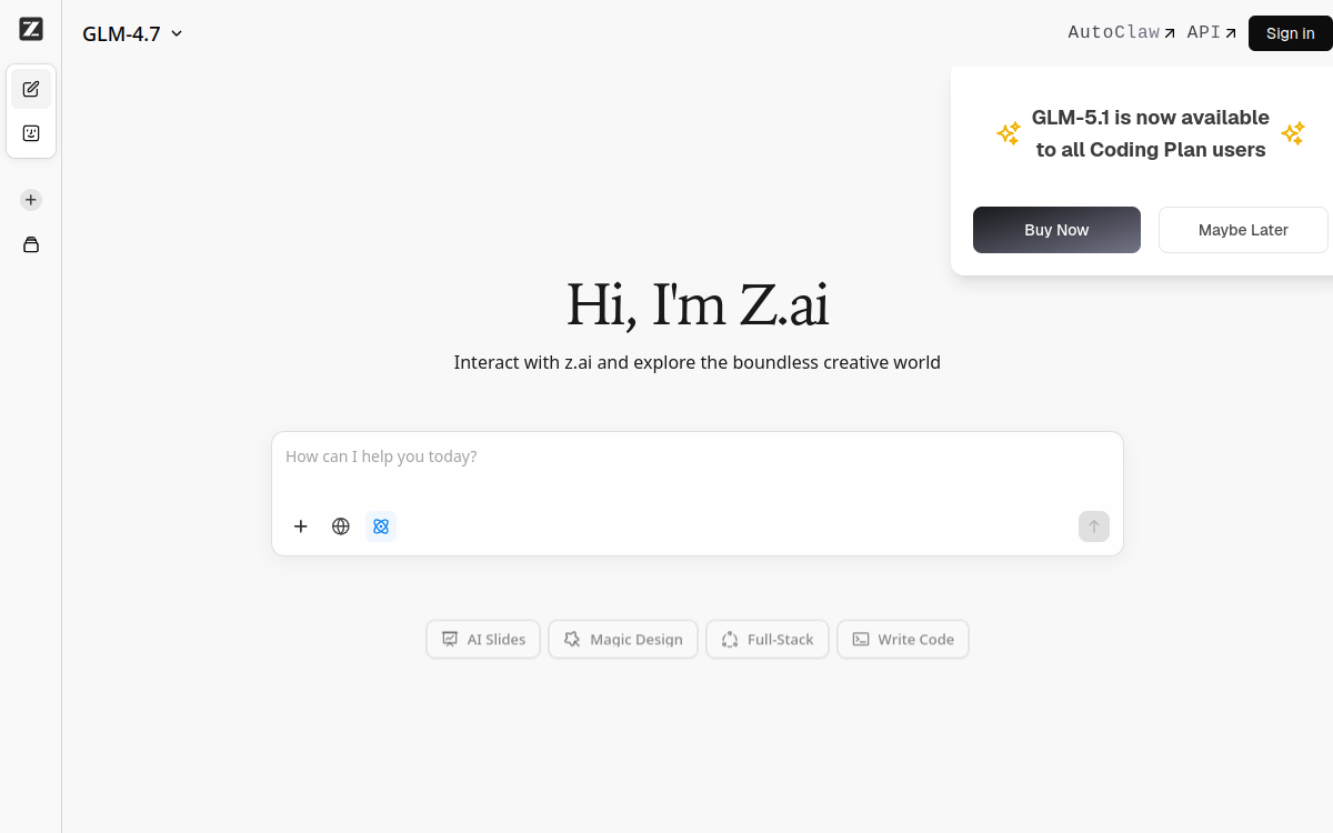 Screenshot di Z.ai Chat