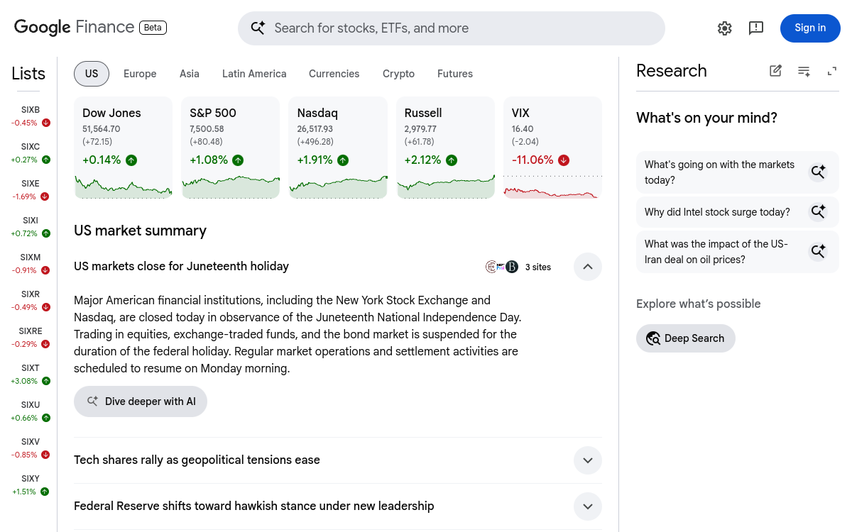 Screenshot di Google Finance AI