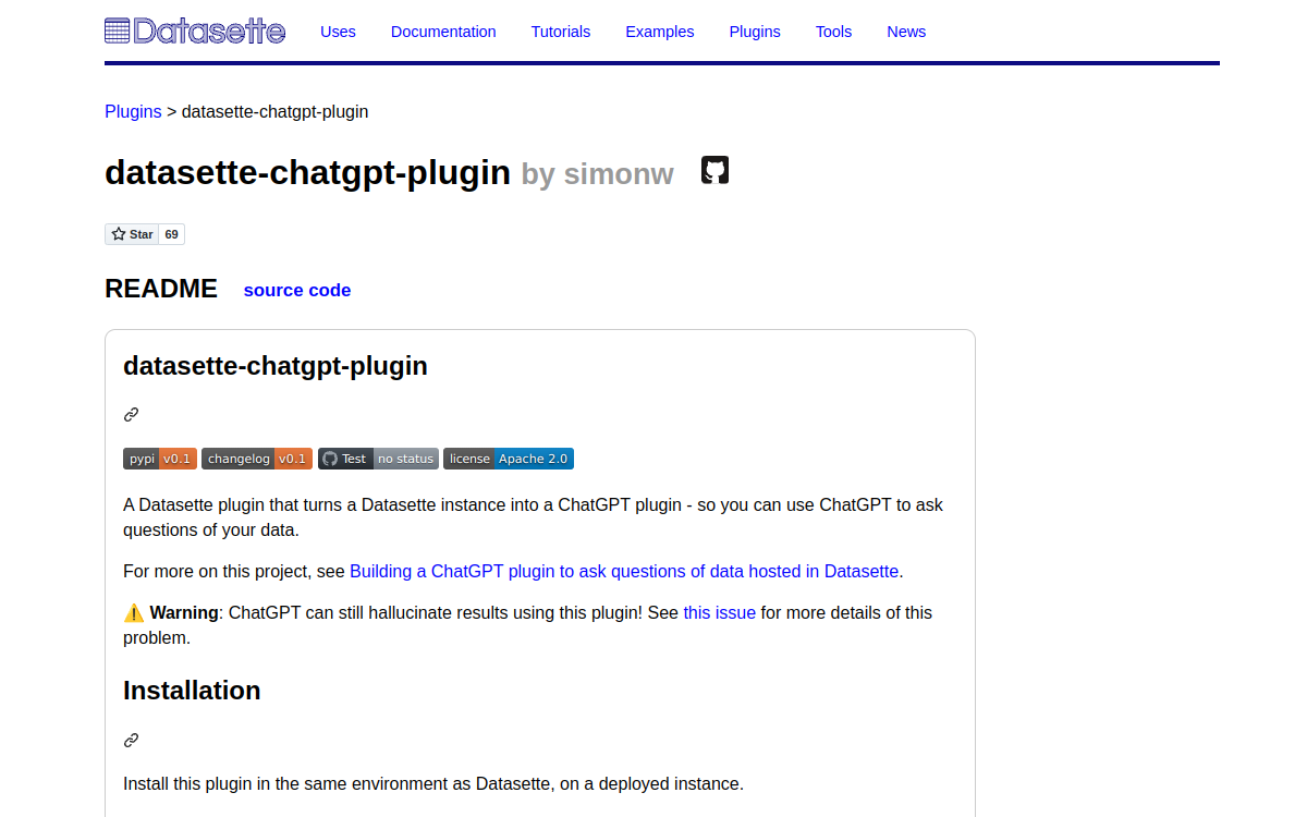Screenshot di Datasette ChatGPT Plugin