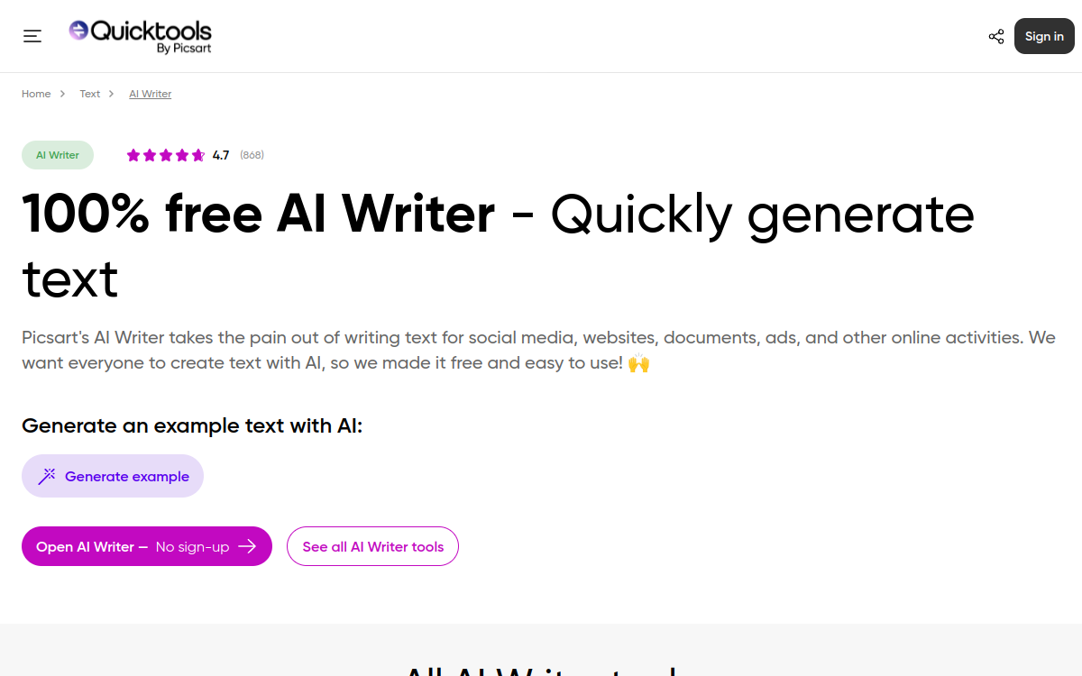 Screenshot di Picsart AI Writer