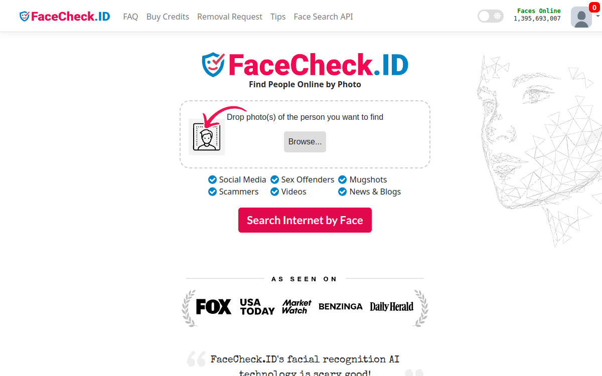 Screenshot di FaceCheck ID