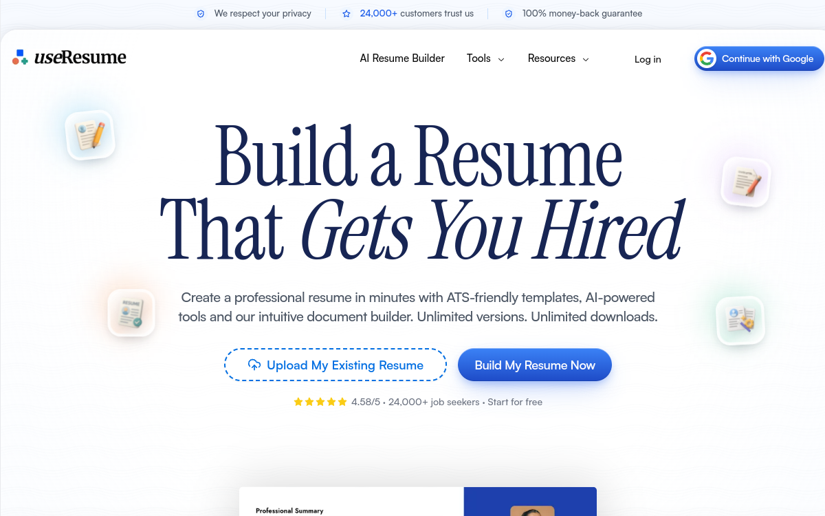 Screenshot di UseResume AI