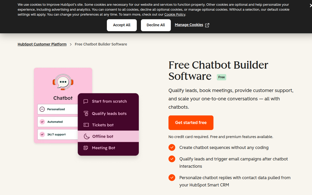 Screenshot di HubSpot Chatbot Builder