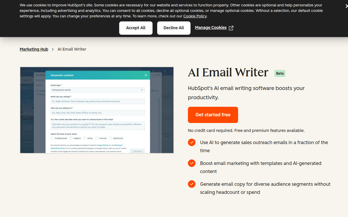 Screenshot di HubSpot AI Email Writer