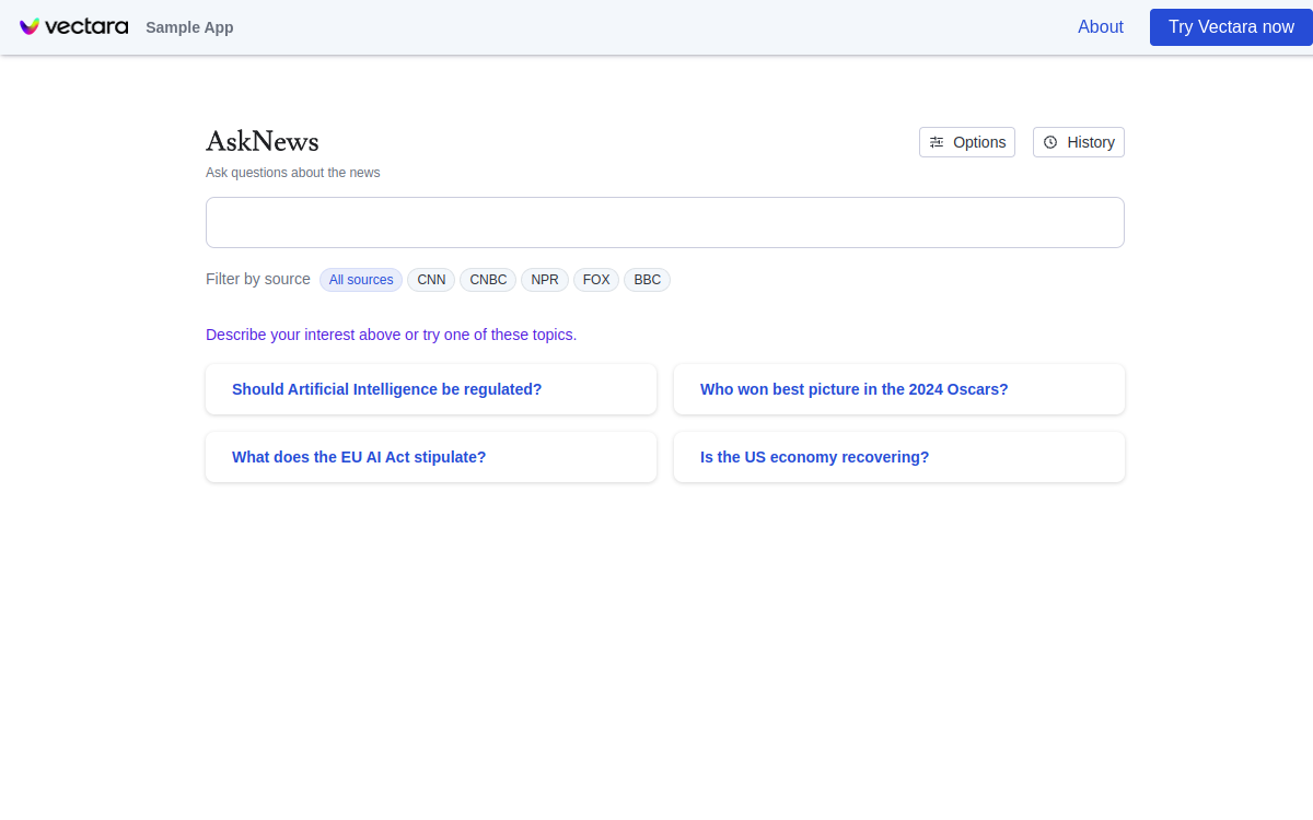 Screenshot di Vectara AskNews
