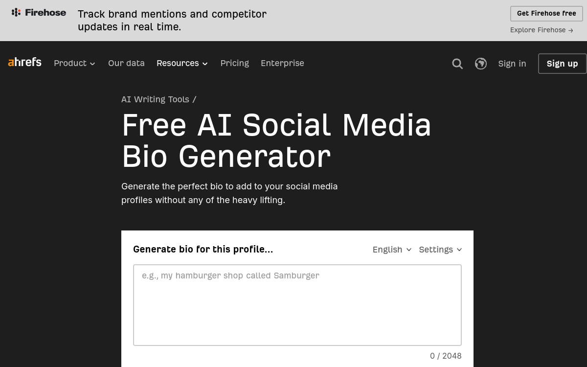 Screenshot di Ahrefs AI Bio Generator